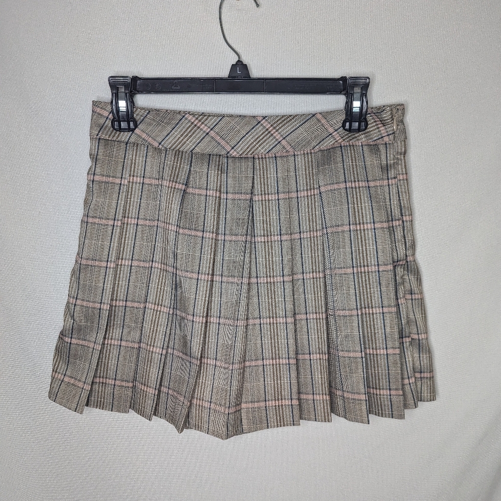 Lulu's NEW Brown Blue Pink Plaid Mini Skirt Size Small with Pockets